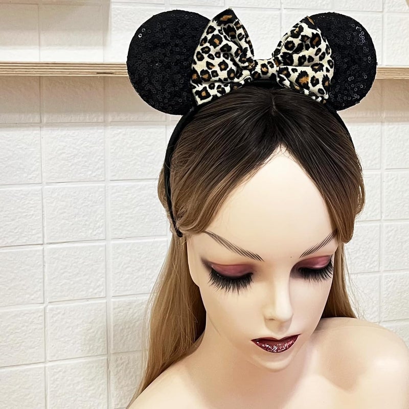 KICOFIT Mouse Ears Headbands Women Mice Ears Headhand Bows Shiny Glitter Birthday Party Themed Events (Leopard) - Image 2